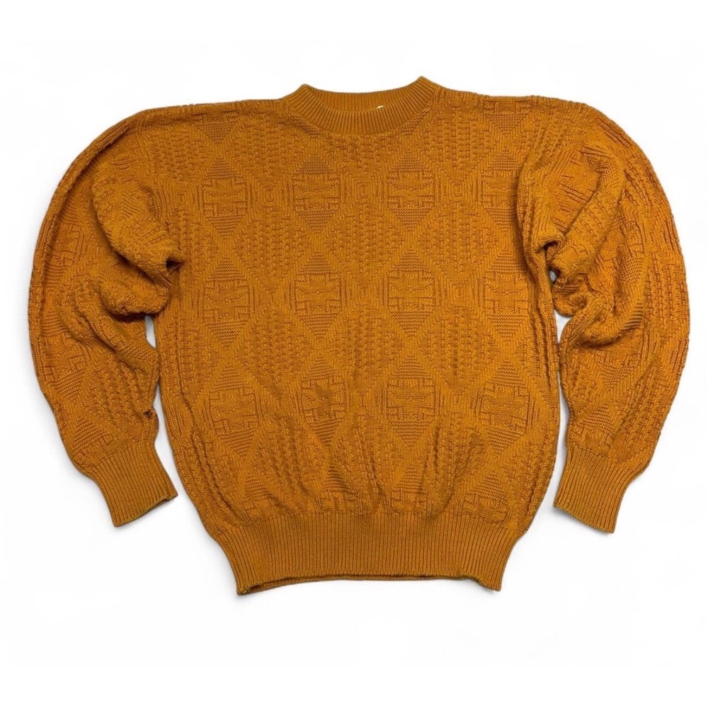 Gulf Traders Vintage 90s Mustard Yellow Textured Knit Cotton Sweater Mens XL USA